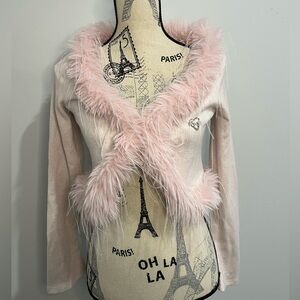 Pink Y2K Fluffy Feather Trim Cardigan